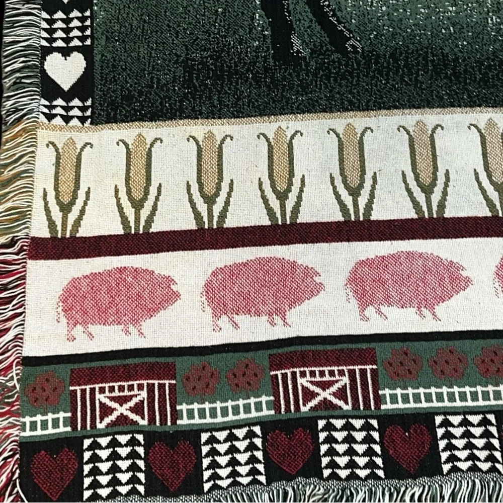 Vintage RARE Throw Blanket Tapestry Farm Pig & Hearts 46 x 70” Country Folk
